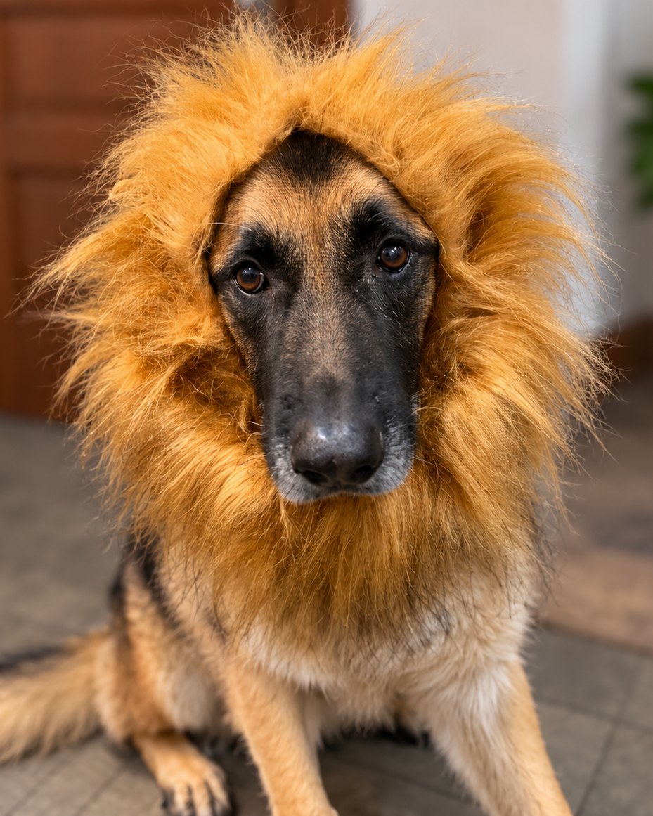 A German Shepherd sitting indoors wearing a soft lion-mane costume