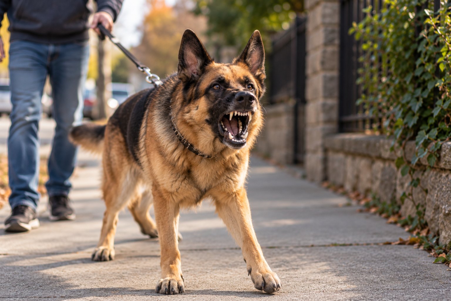A German Shepherd on a sidewalk, barking with its teeth bared while being walked on a leash