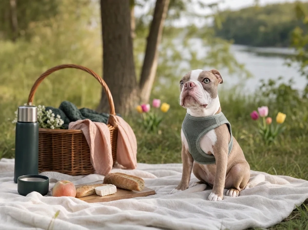 A young puppy sitting attentively beside a picnic and colorful tulips by the water