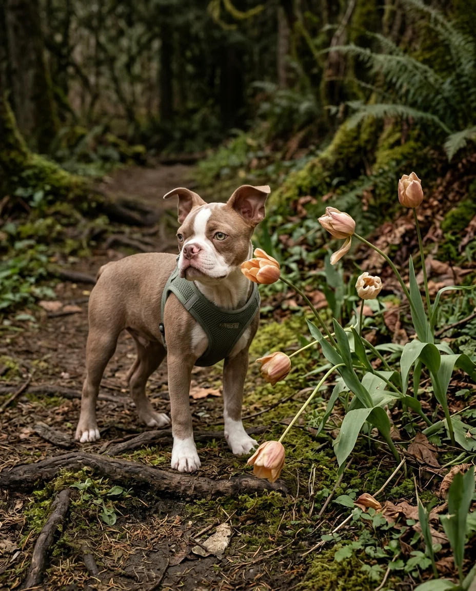 A young puppy standing beside windswept tulips on a woodland path
